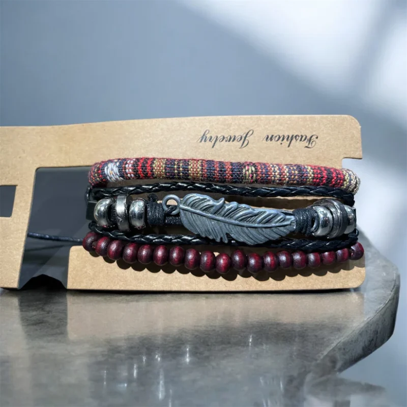 3pc Set Fashion Trendy Mans Bracelet Brown Leave