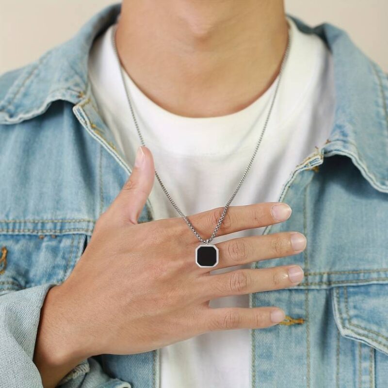 Stylish Black Square Stone Pendant Necklace - Image 5